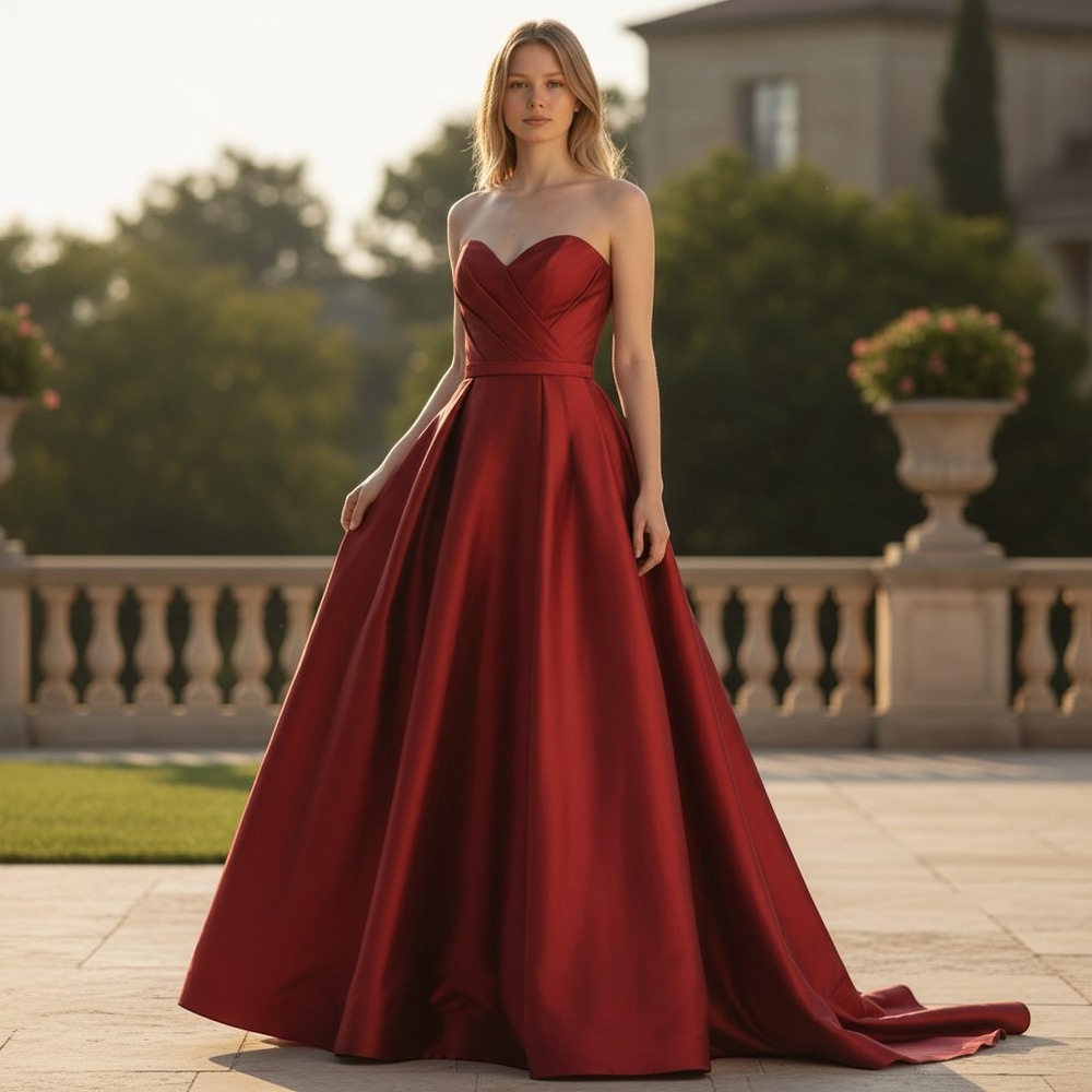 Pronovias Naomi Gown Women 10 Wine Red Mikado Strapless Pleated Formal Dress - Picture 1 of 16